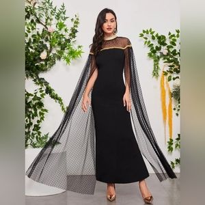 Cloak Sleeve Contrast Mesh Mock Neck Slit Hem Dress